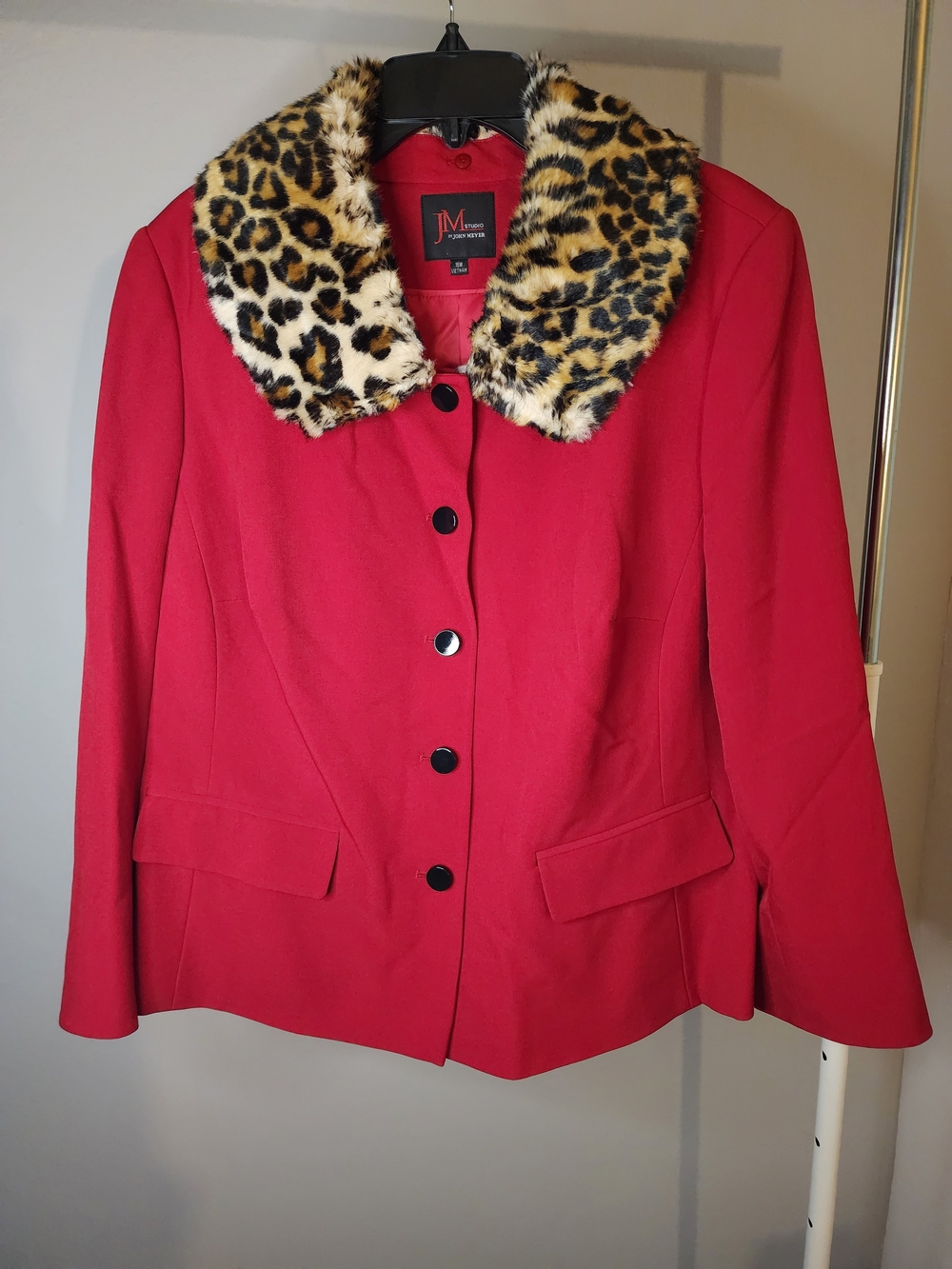JM Collection Red Pea Coat with Leopard Faux-Fur Collar